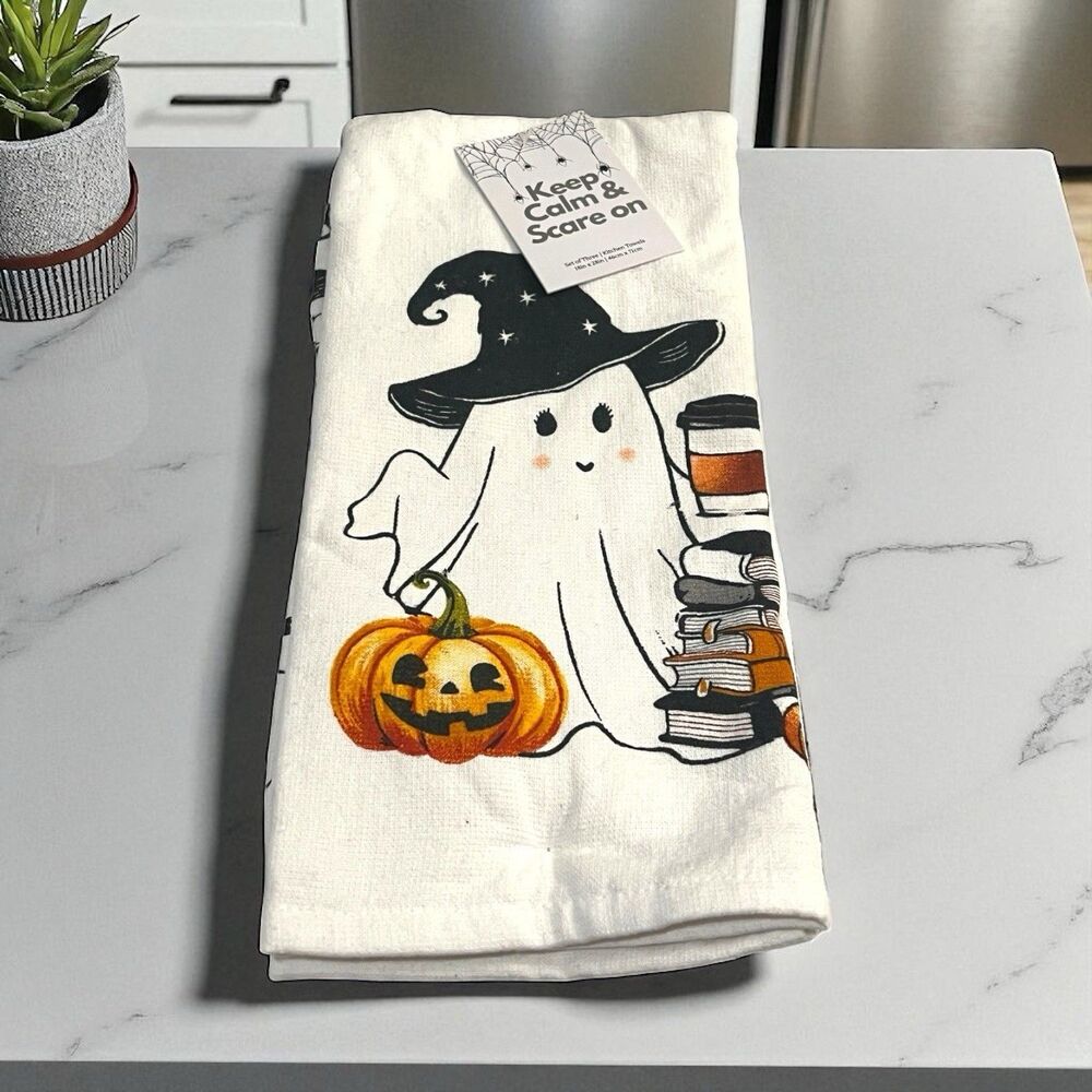 Mireille Halloween Kitchen Towels (3) Handmade Cotton Ghosts w Books & Pumpkins